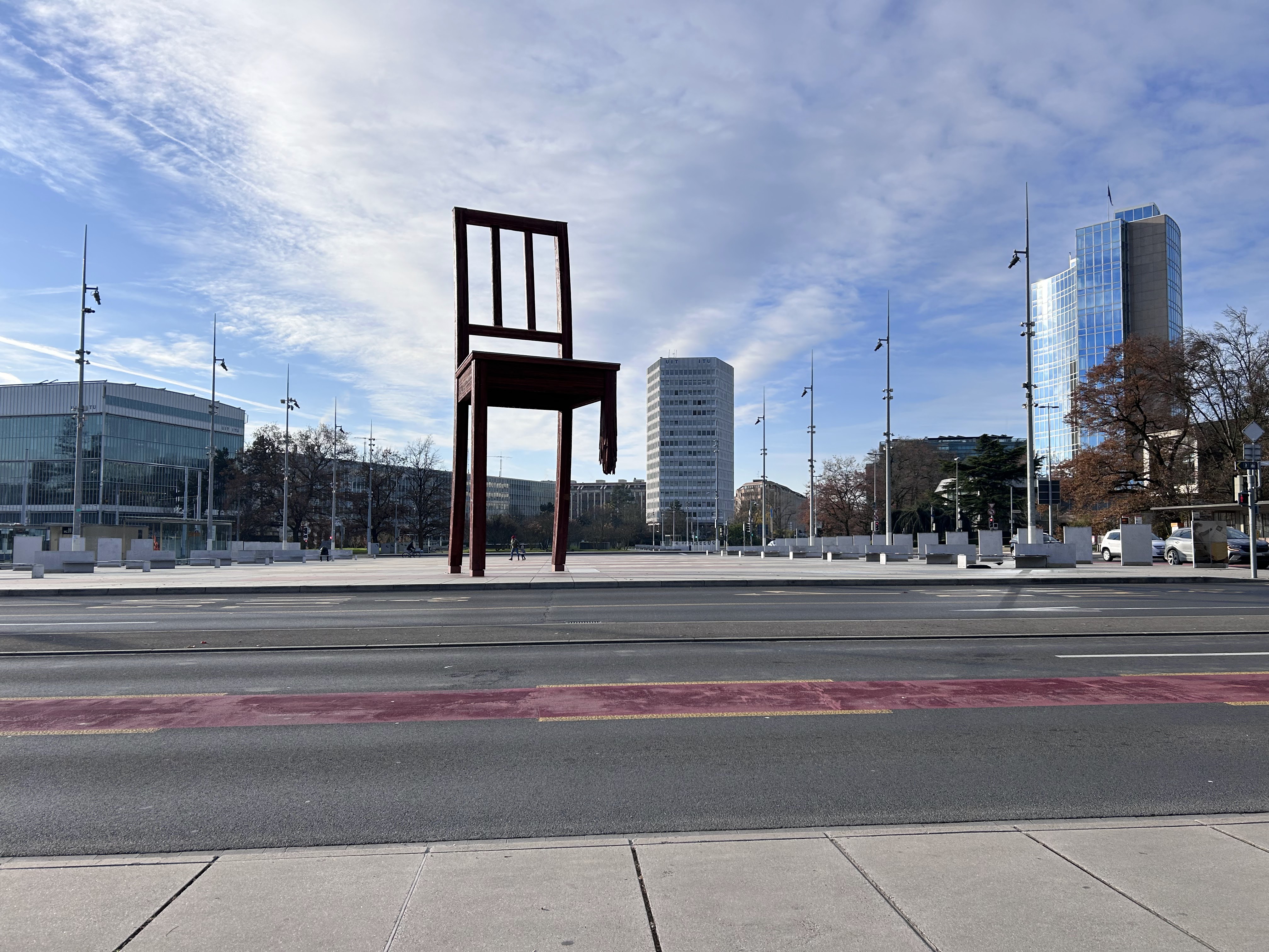 Broken Chair - Main view of the giant three-legged chair in Geneva at Place des Nations, Switzerland